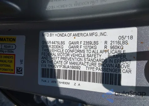 2018 Honda Accord Sport from USA, damaged, VIN 1HGCV1F38JA166592